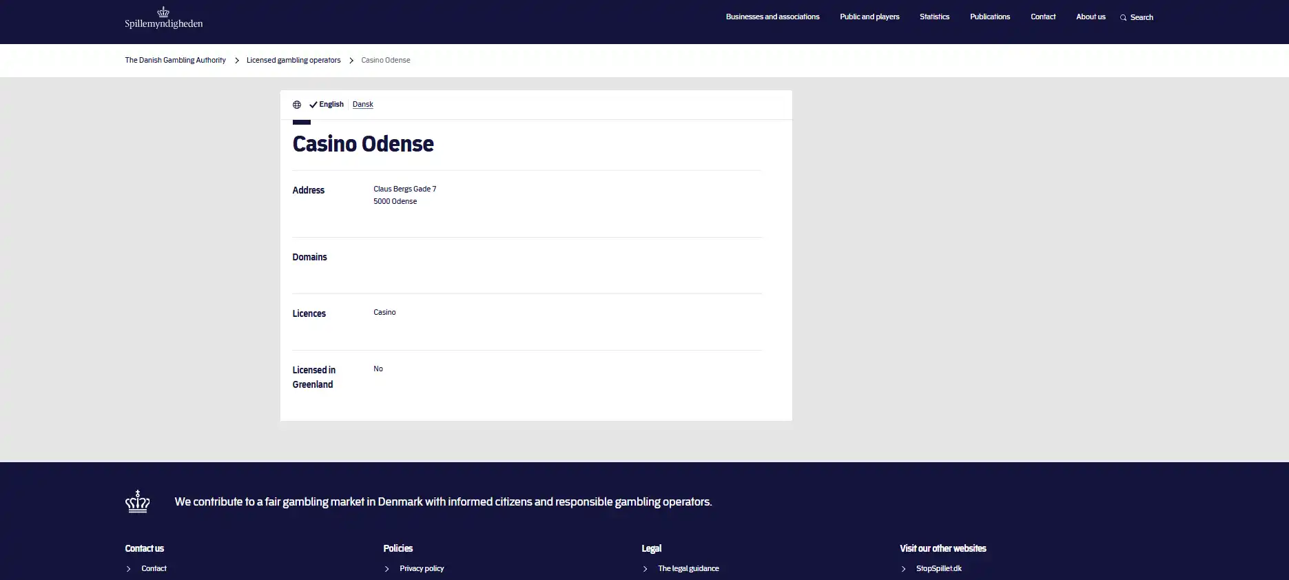 Spillemyndighedens registerpost for Casino Odense med licenstypen Casino